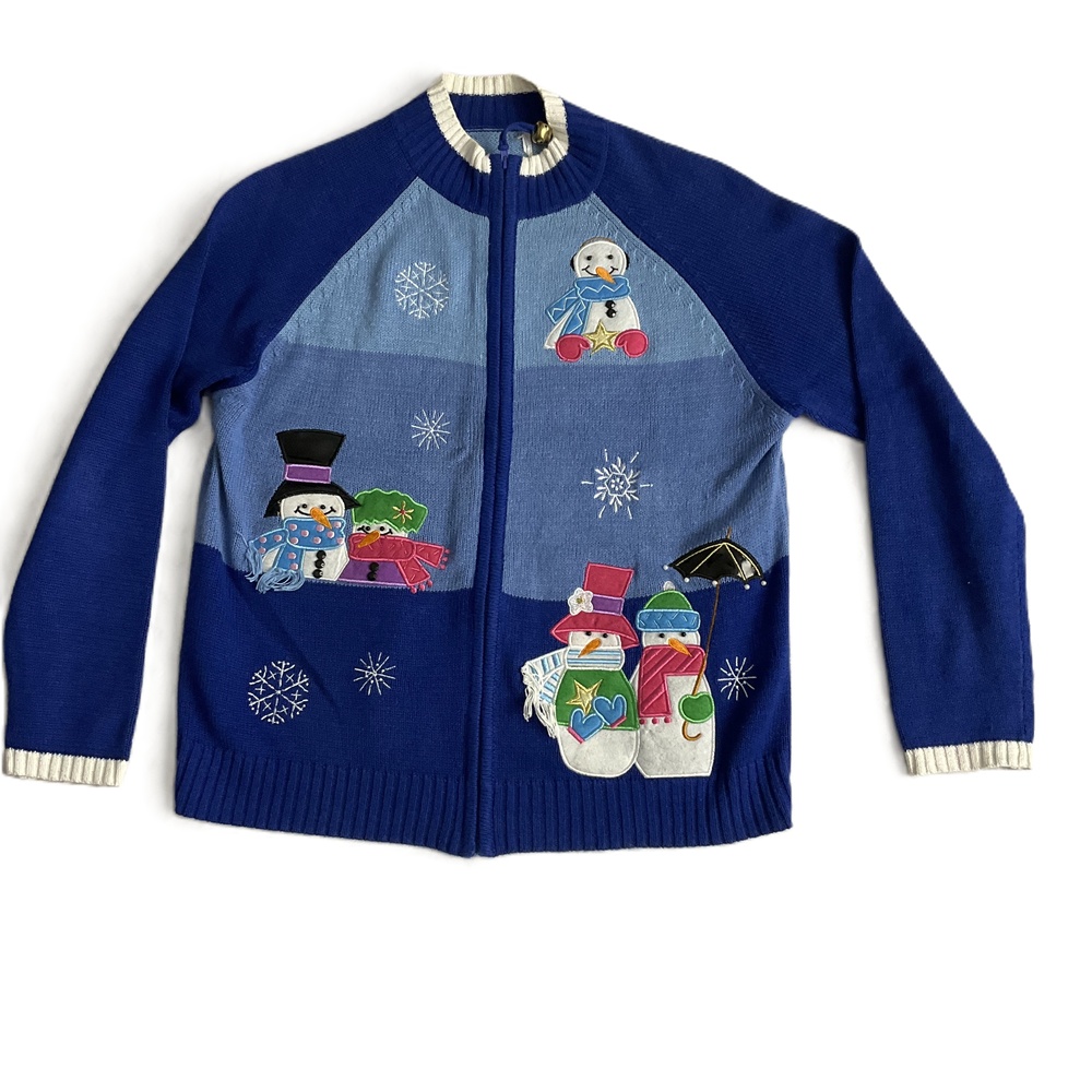Vintage‎ Blue Snowman Zip Up Long Sleeve Holiday Cardigan Sweater M